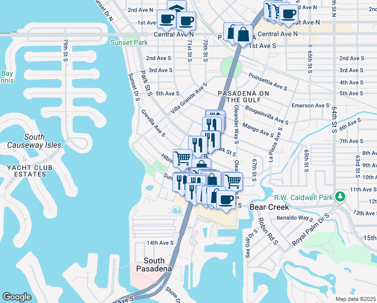 map of restaurants, bars, coffee shops, grocery stores, and more near 7018 Grevilla Avenue South in South Pasadena