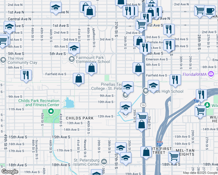 map of restaurants, bars, coffee shops, grocery stores, and more near 3761 8th Avenue South in St. Petersburg