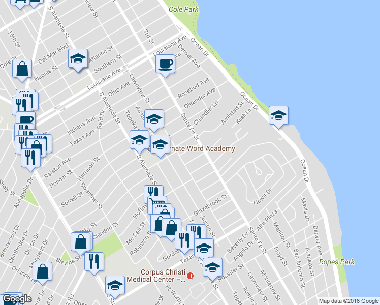 map of restaurants, bars, coffee shops, grocery stores, and more near 321 North Morningside Drive in Corpus Christi