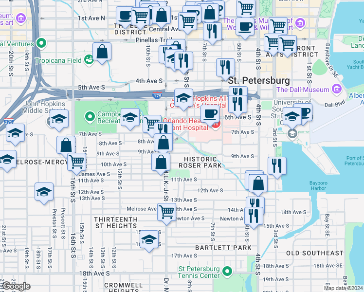 map of restaurants, bars, coffee shops, grocery stores, and more near 846 8th Avenue South in St. Petersburg
