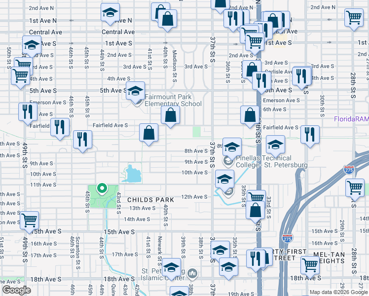 map of restaurants, bars, coffee shops, grocery stores, and more near 3875 8th Avenue South in St. Petersburg