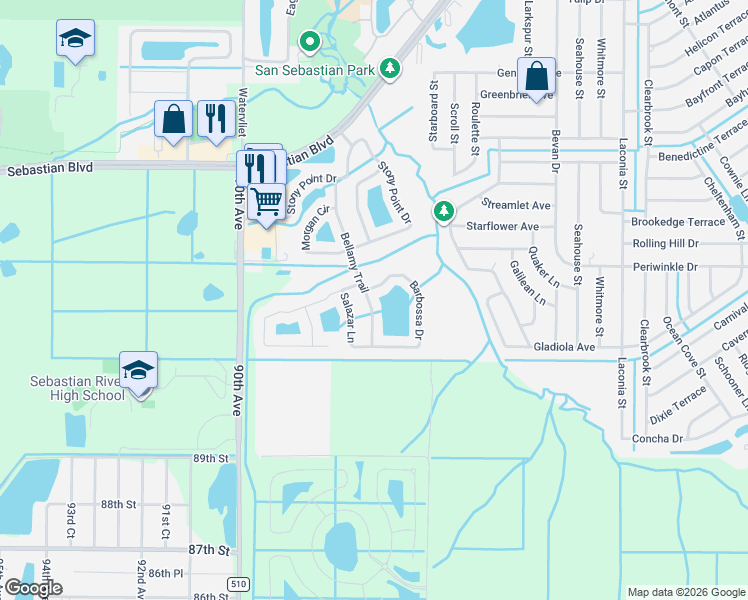 map of restaurants, bars, coffee shops, grocery stores, and more near 207 Bellamy Trail in Sebastian