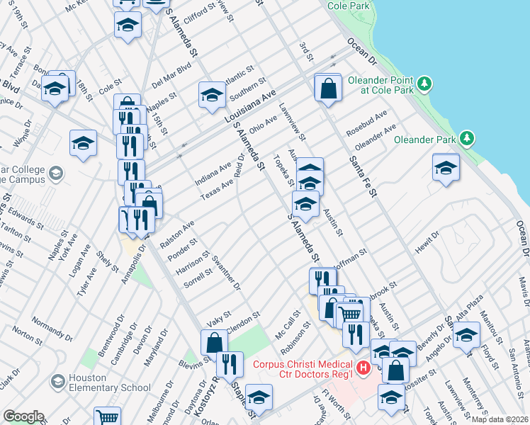 map of restaurants, bars, coffee shops, grocery stores, and more near 522 Sorrell Street in Corpus Christi