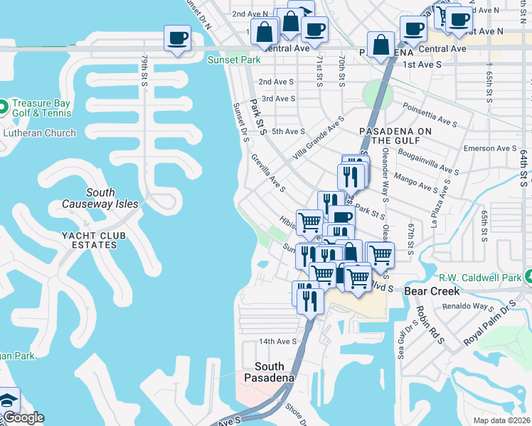 map of restaurants, bars, coffee shops, grocery stores, and more near 7042 Hibiscus Avenue South in South Pasadena