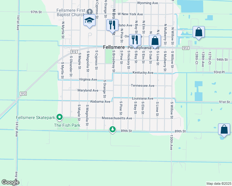 map of restaurants, bars, coffee shops, grocery stores, and more near 145 South Broadway Street in Fellsmere