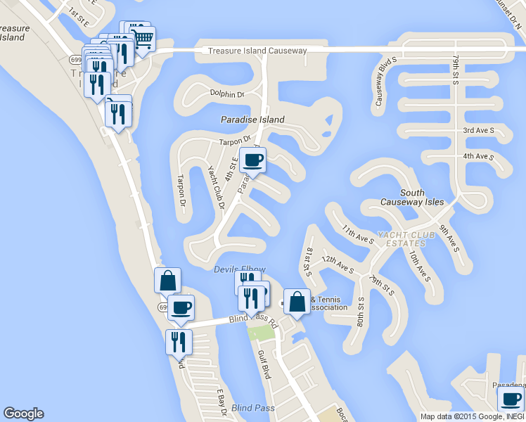 map of restaurants, bars, coffee shops, grocery stores, and more near 6 Marina Terrace in Treasure Island