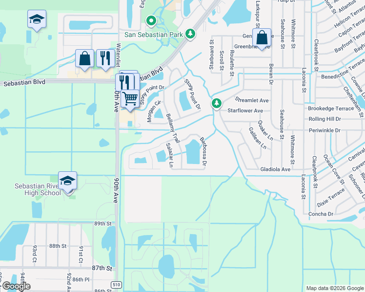 map of restaurants, bars, coffee shops, grocery stores, and more near 207 Bellamy Trail in Sebastian