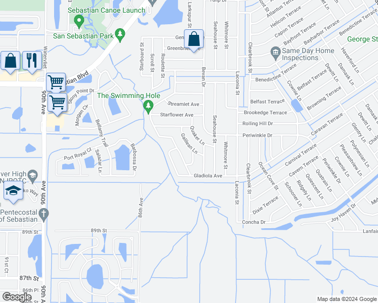 map of restaurants, bars, coffee shops, grocery stores, and more near 1665 Galilean Lane in Sebastian