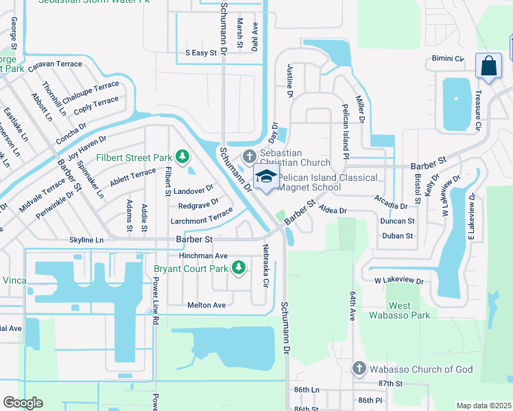 map of restaurants, bars, coffee shops, grocery stores, and more near 1366 Schumann Drive in Sebastian