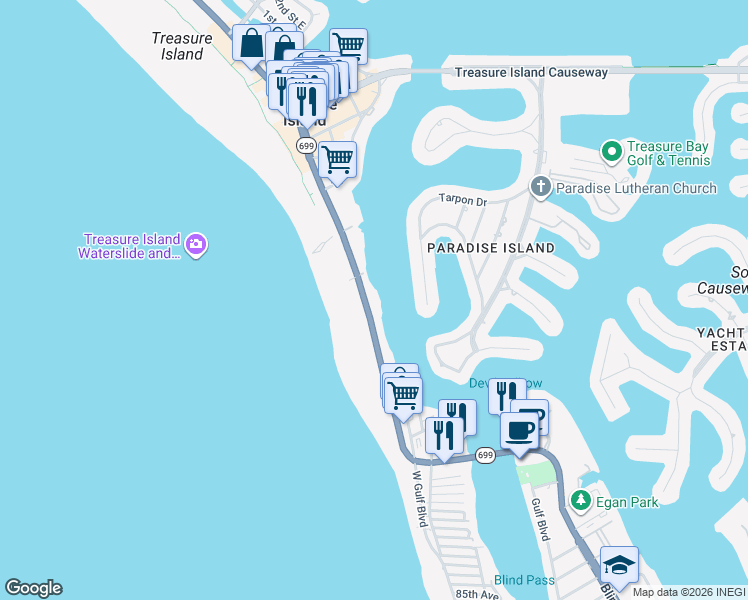 map of restaurants, bars, coffee shops, grocery stores, and more near 10133 Gulf Boulevard in Treasure Island