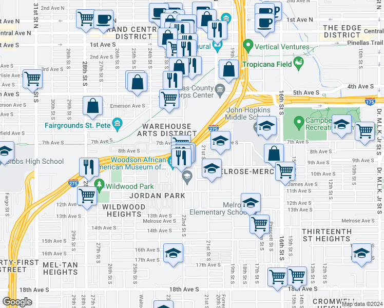 map of restaurants, bars, coffee shops, grocery stores, and more near 751 Union Street South in St. Petersburg