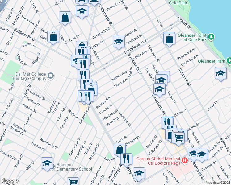 map of restaurants, bars, coffee shops, grocery stores, and more near 706 Ralston Avenue in Corpus Christi