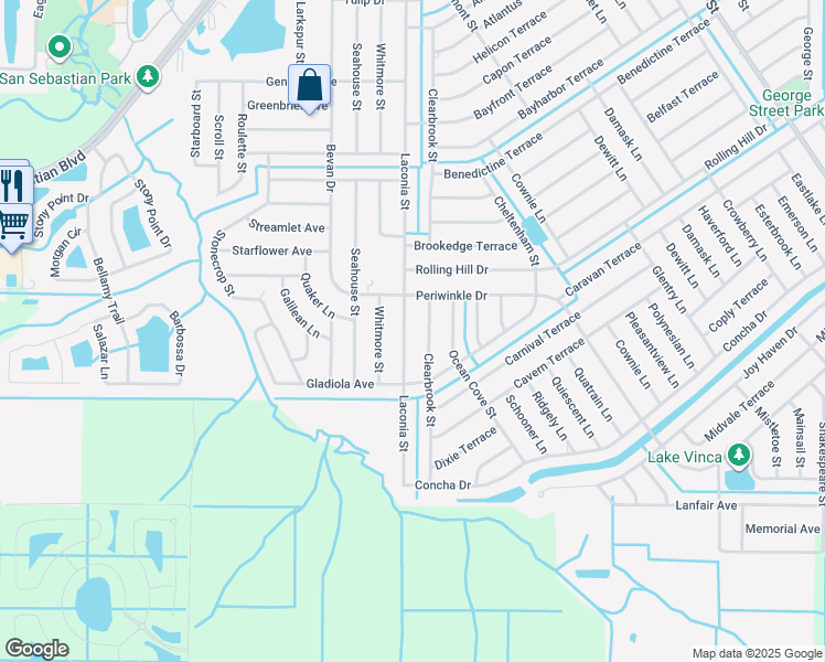 map of restaurants, bars, coffee shops, grocery stores, and more near 1634 Laconia Street in Sebastian