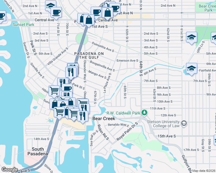 map of restaurants, bars, coffee shops, grocery stores, and more near 6635 Date Palm Avenue South in St. Petersburg