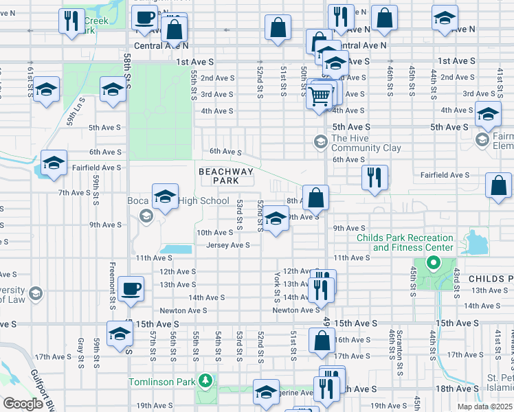 map of restaurants, bars, coffee shops, grocery stores, and more near 5200 8th Ave S in Gulfport