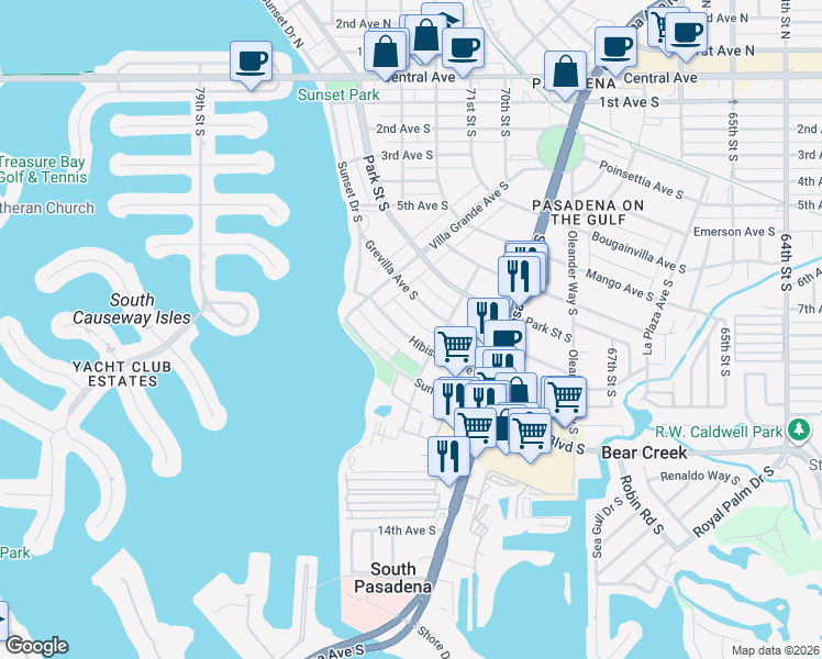 map of restaurants, bars, coffee shops, grocery stores, and more near 7033 Hibiscus Avenue South in South Pasadena