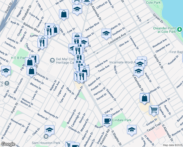 map of restaurants, bars, coffee shops, grocery stores, and more near 746 Texas Avenue in Corpus Christi