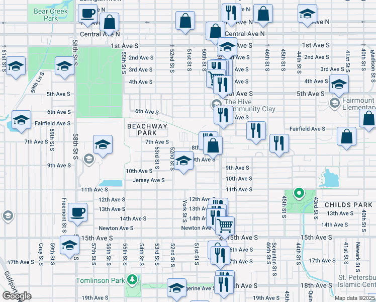 map of restaurants, bars, coffee shops, grocery stores, and more near 5100 8th Avenue South in Gulfport