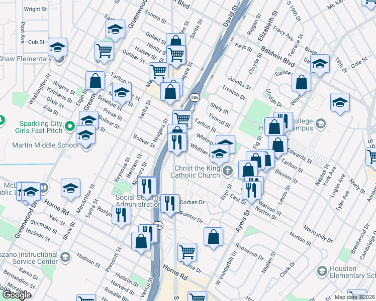 map of restaurants, bars, coffee shops, grocery stores, and more near 1754 Arlington Drive in Corpus Christi