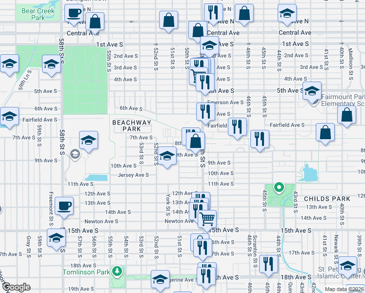 map of restaurants, bars, coffee shops, grocery stores, and more near 4930 50th Street South in Gulfport