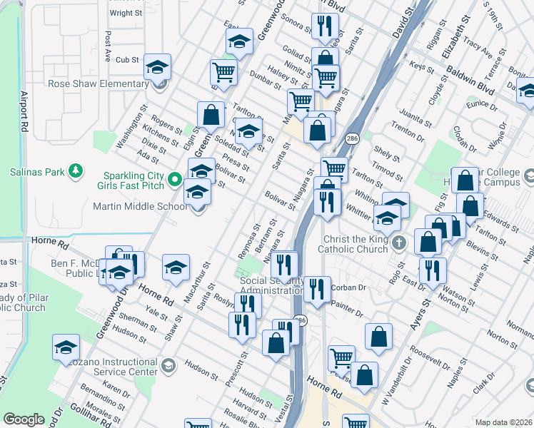 map of restaurants, bars, coffee shops, grocery stores, and more near 3706 Reynosa Street in Corpus Christi