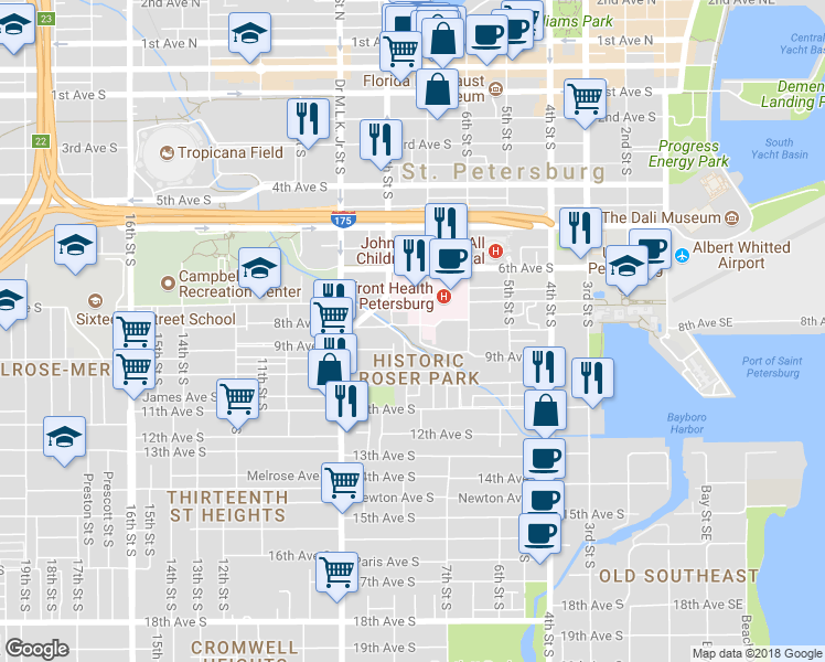 map of restaurants, bars, coffee shops, grocery stores, and more near 702 8th Avenue South in St. Petersburg