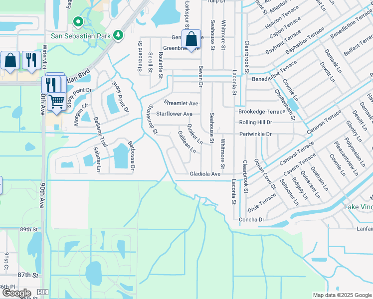 map of restaurants, bars, coffee shops, grocery stores, and more near 1665 Galilean Lane in Sebastian