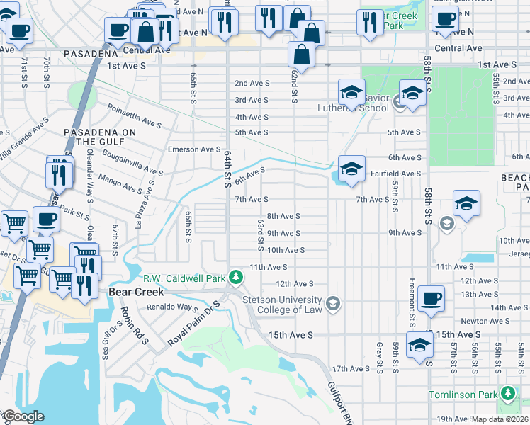 map of restaurants, bars, coffee shops, grocery stores, and more near 6255 8th Avenue South in Gulfport