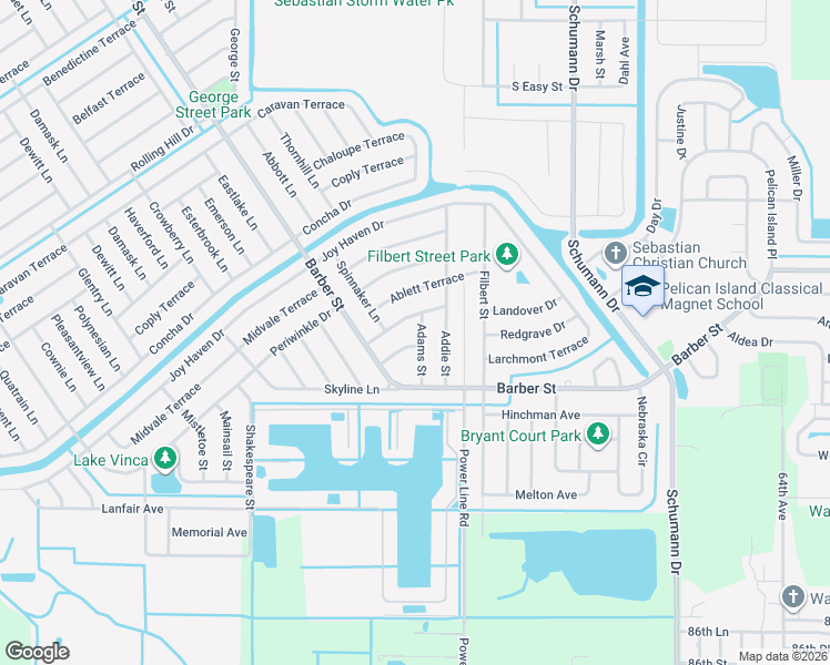map of restaurants, bars, coffee shops, grocery stores, and more near 1631 Adams Street in Sebastian