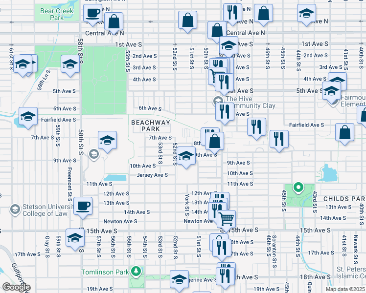 map of restaurants, bars, coffee shops, grocery stores, and more near 5100 8th Avenue South in Gulfport