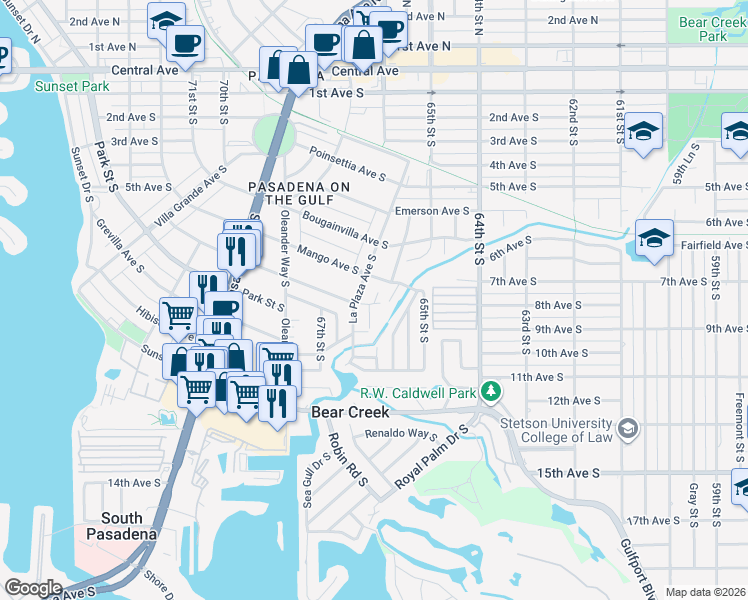 map of restaurants, bars, coffee shops, grocery stores, and more near 6635 Date Palm Avenue South in St. Petersburg
