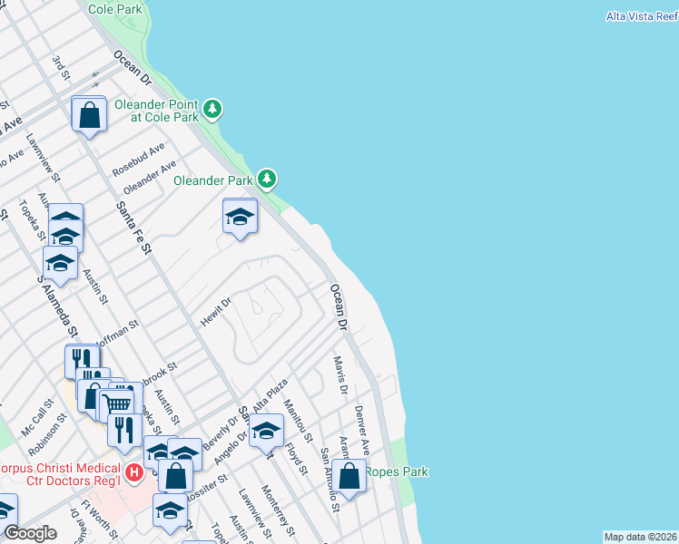 map of restaurants, bars, coffee shops, grocery stores, and more near 3232 Ocean Drive in Corpus Christi