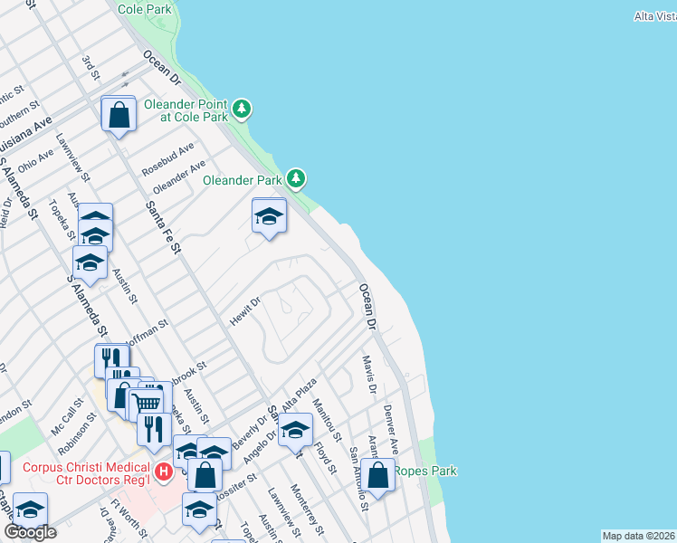 map of restaurants, bars, coffee shops, grocery stores, and more near 3232 Ocean Drive in Corpus Christi