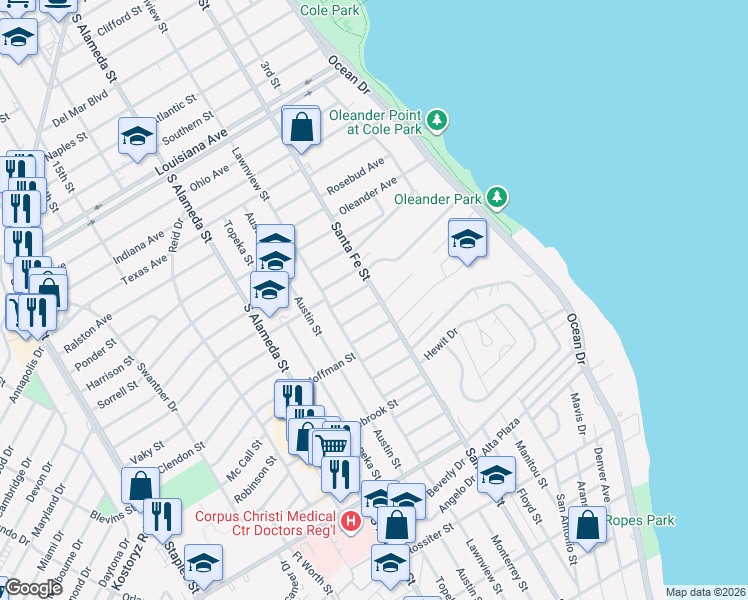 map of restaurants, bars, coffee shops, grocery stores, and more near in Corpus Christi