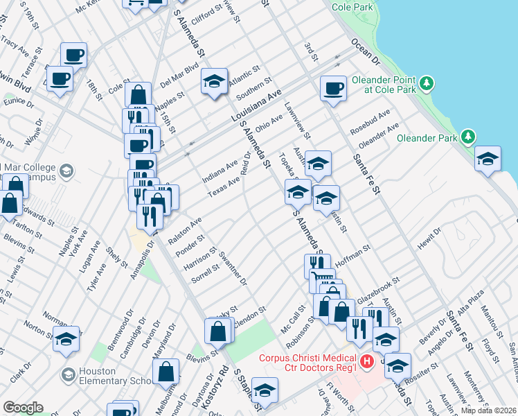 map of restaurants, bars, coffee shops, grocery stores, and more near 522 Sorrell Street in Corpus Christi
