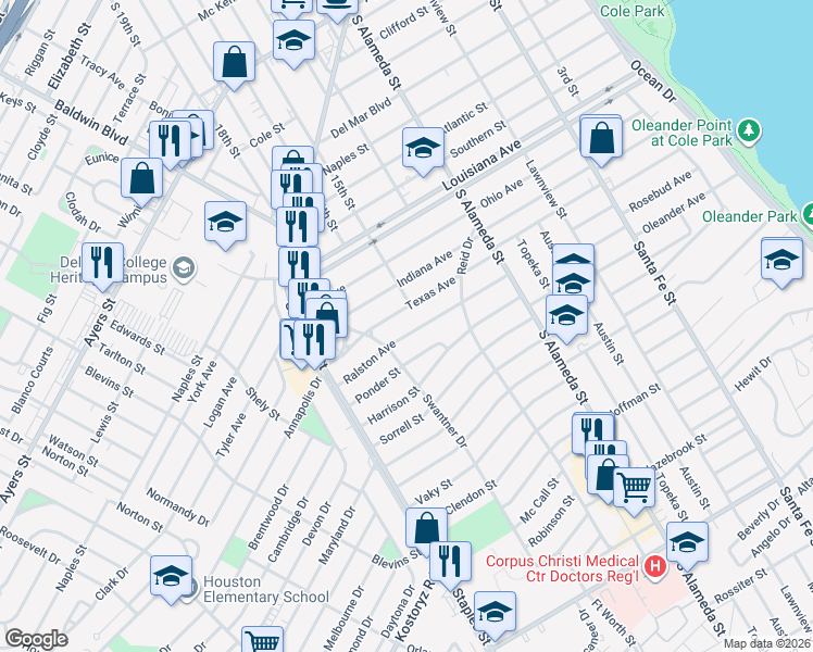 map of restaurants, bars, coffee shops, grocery stores, and more near 721 Texas Avenue in Corpus Christi