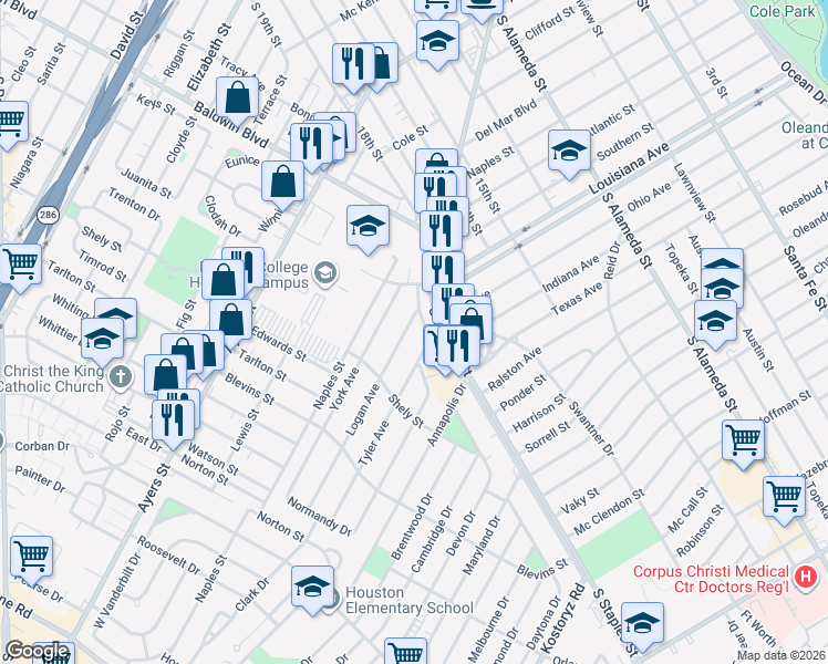 map of restaurants, bars, coffee shops, grocery stores, and more near 1121 Florida Avenue in Corpus Christi