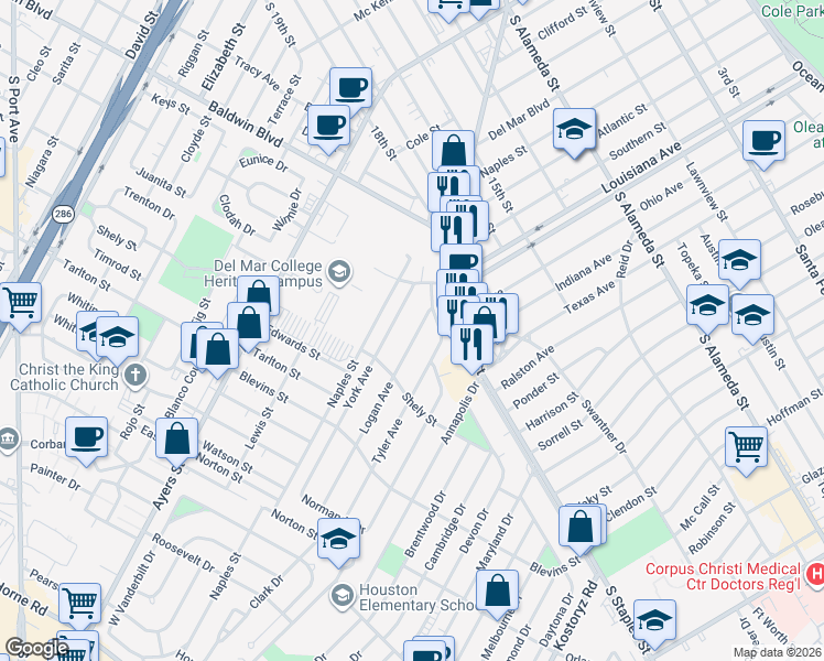 map of restaurants, bars, coffee shops, grocery stores, and more near 1146 York Avenue in Corpus Christi
