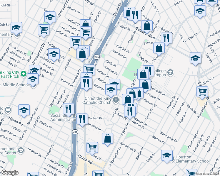 map of restaurants, bars, coffee shops, grocery stores, and more near 1701 Whiting Drive in Corpus Christi