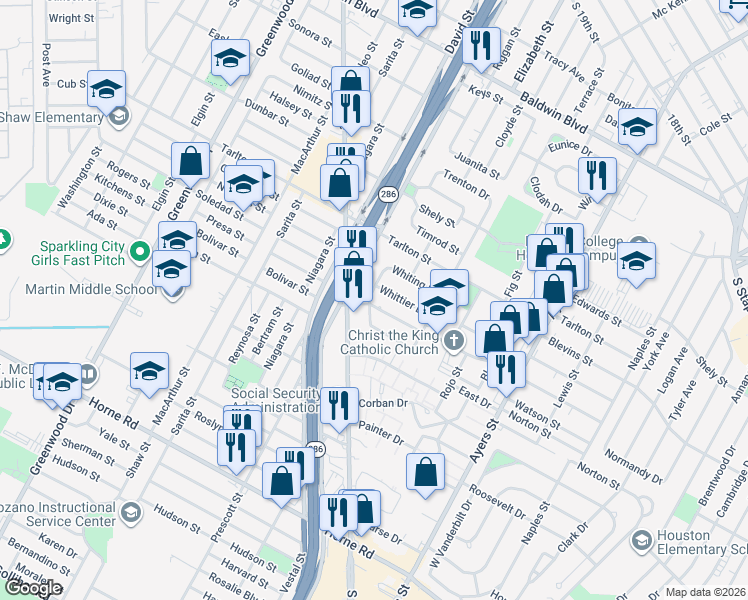 map of restaurants, bars, coffee shops, grocery stores, and more near 1754 Arlington Drive in Corpus Christi