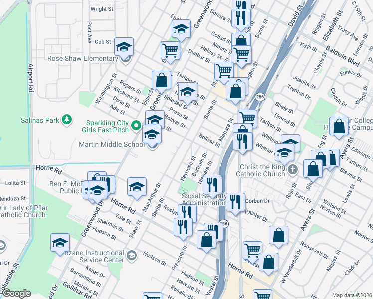 map of restaurants, bars, coffee shops, grocery stores, and more near 3725 Sarita Street in Corpus Christi