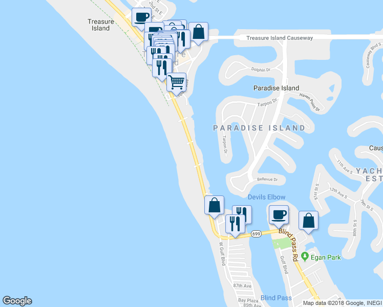 map of restaurants, bars, coffee shops, grocery stores, and more near 10164 Gulf Boulevard in Treasure Island