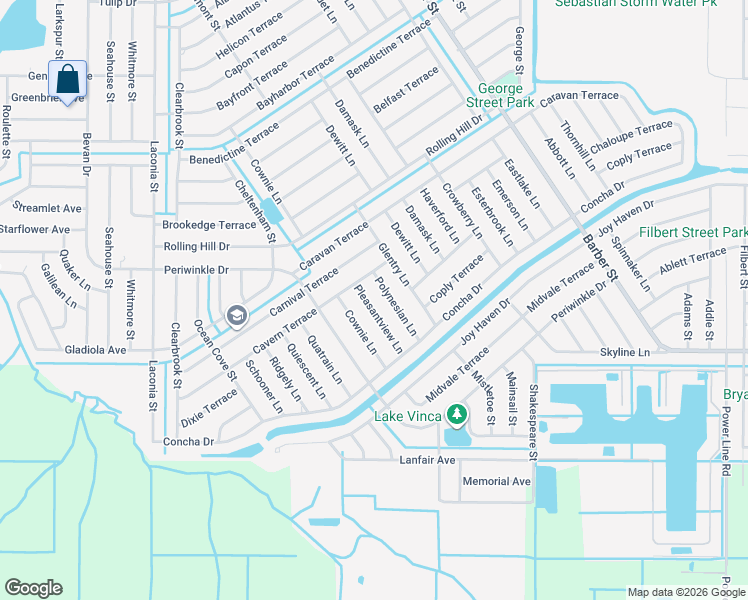 map of restaurants, bars, coffee shops, grocery stores, and more near 1526 Pleasantview Lane in Sebastian