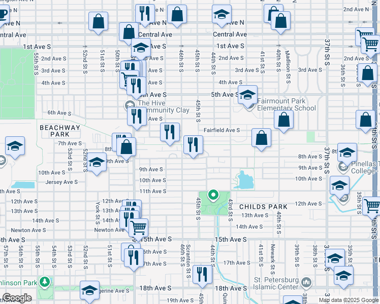 map of restaurants, bars, coffee shops, grocery stores, and more near 4535 8th Avenue South in Saint Petersburg