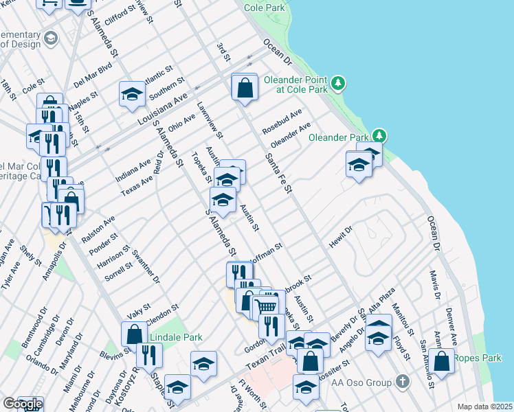 map of restaurants, bars, coffee shops, grocery stores, and more near 2953 Lawnview Street in Corpus Christi