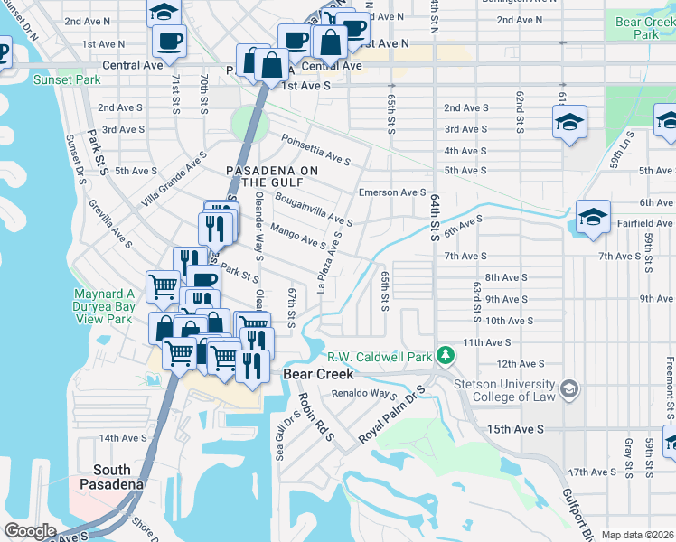 map of restaurants, bars, coffee shops, grocery stores, and more near 6635 Date Palm Avenue South in St. Petersburg