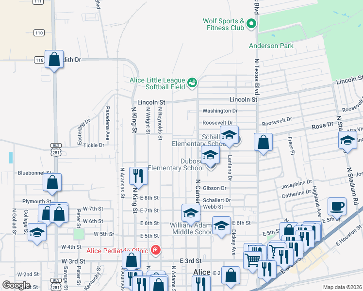 map of restaurants, bars, coffee shops, grocery stores, and more near 915 North Almond Street in Alice