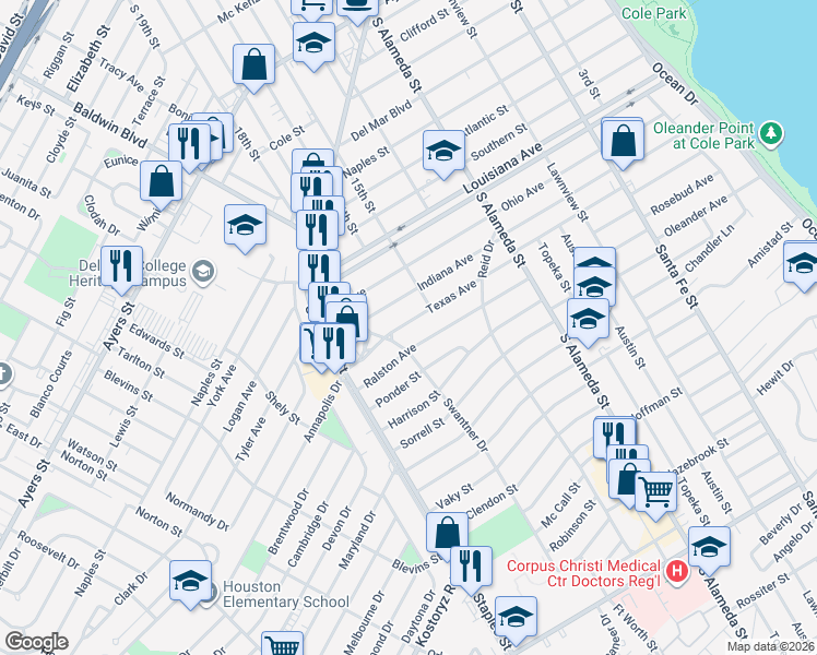 map of restaurants, bars, coffee shops, grocery stores, and more near 721 Texas Avenue in Corpus Christi