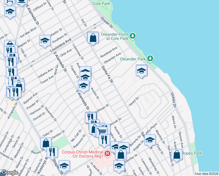map of restaurants, bars, coffee shops, grocery stores, and more near 321 North Morningside Drive in Corpus Christi