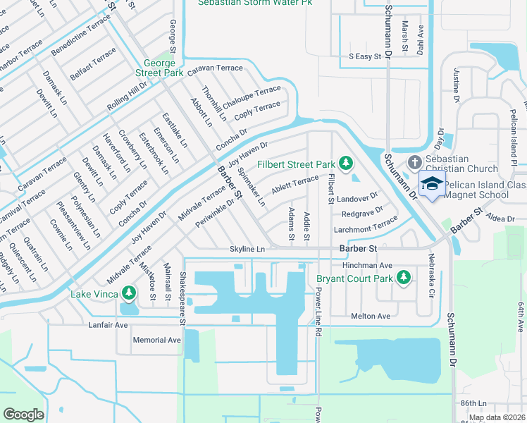 map of restaurants, bars, coffee shops, grocery stores, and more near 1579 Spinnaker Lane in Sebastian